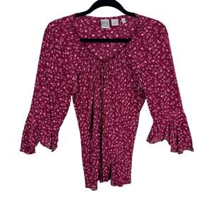 Quizz Again Vintage Pink Floral V-Neck 3/4 Sleeve Lightweight Viscose Blouse L